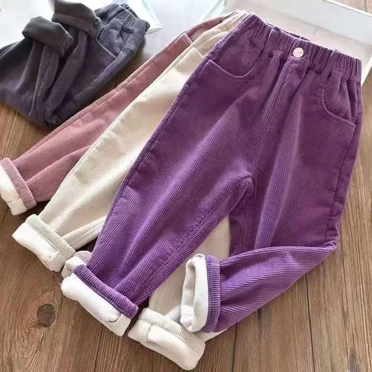 Autumn Winter Corduroy Solid Plus Velvet Kids Pants Harajuku Thick Cute All Match Trousers High Waist Fashion Children's Clothes