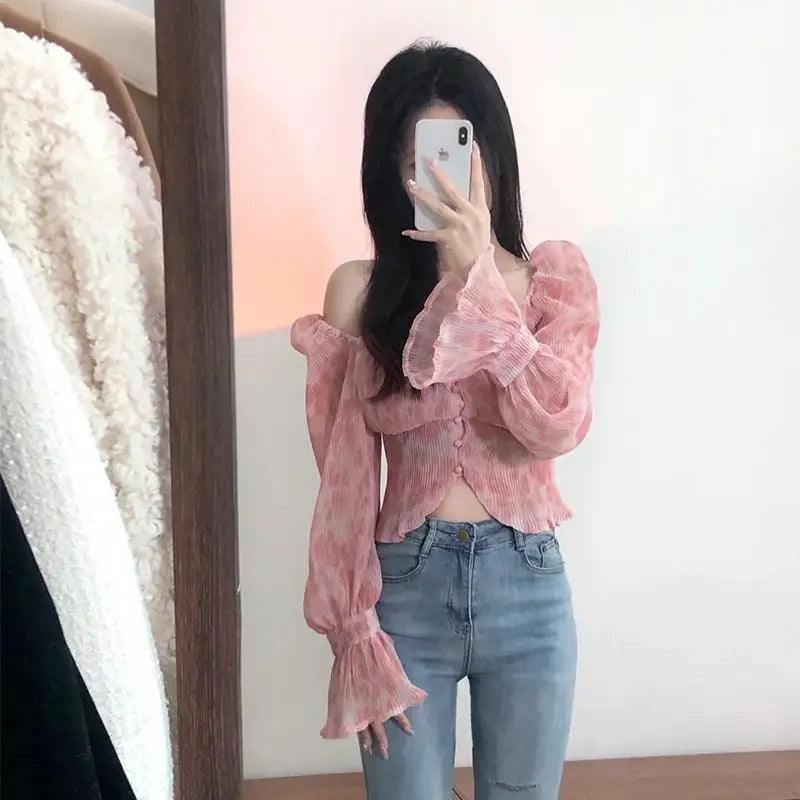 Clothing Chiffon Women's Shirts and Blouses Frill Top for Woman Pink Ruffle Off Shoulder Crop Trend 2024 Cool Fashion Y2k Tunic