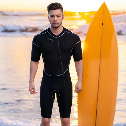 New DEMMET1.5/3M Neoprene Men's Short Sleeve Wetsuit Front Unzipper Snorkeling Surfing Swimsuit Keeps Warm