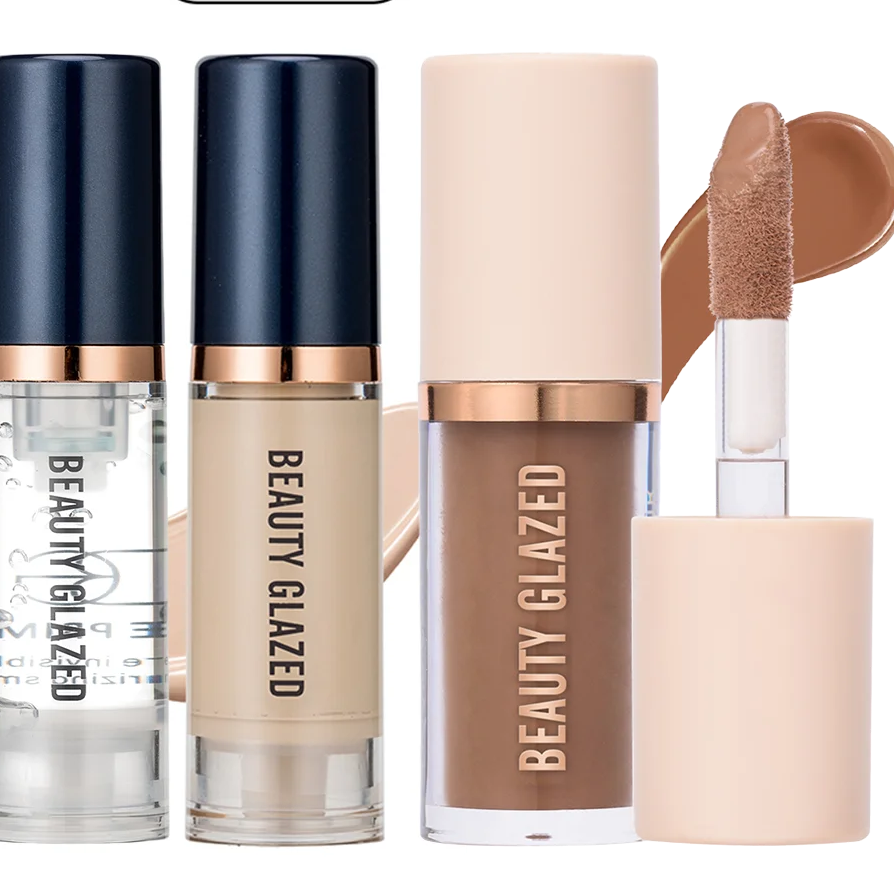 BEAUTY GLAZED 3pcs Face Makeup Set,Liquid Foundation+Primer+ Liquid Contour,Natural Weightless Long-wearing Smudgeproof Bronzer