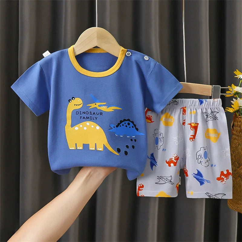 Summer T-Shirt+Shorts 2-Piece Clothing Set Kids Baby Boy Girl Soft Cotton Pajama Cartoon Excavator Casual Clothes Suit 1-6 Years