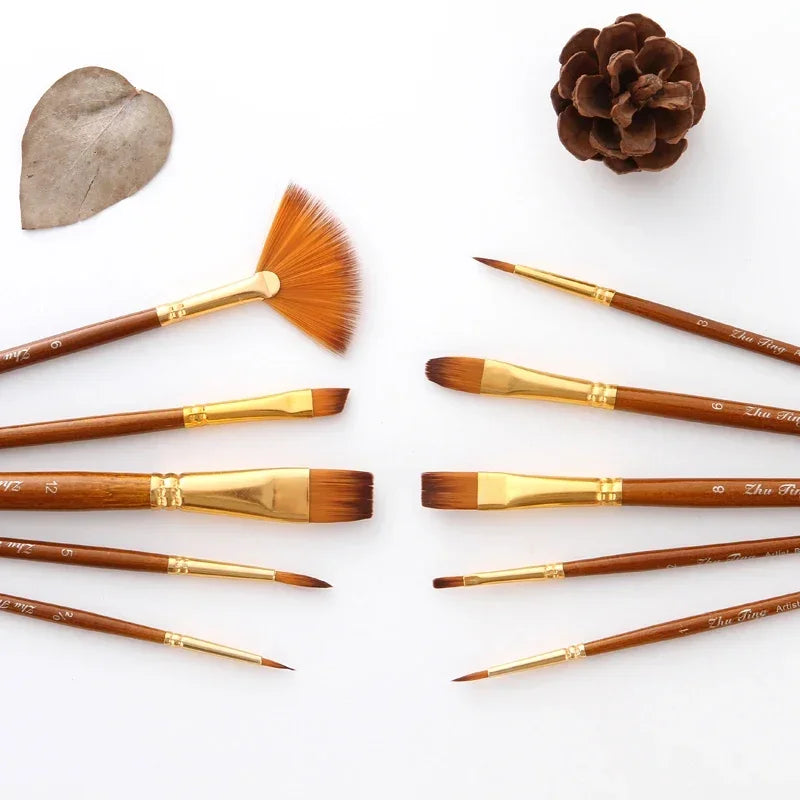 New 10Pcs Paint Brushes Set Nylon Hair Painting Brush Short Rod Oil Acrylic Watercolor Pen Professional Art Supplies