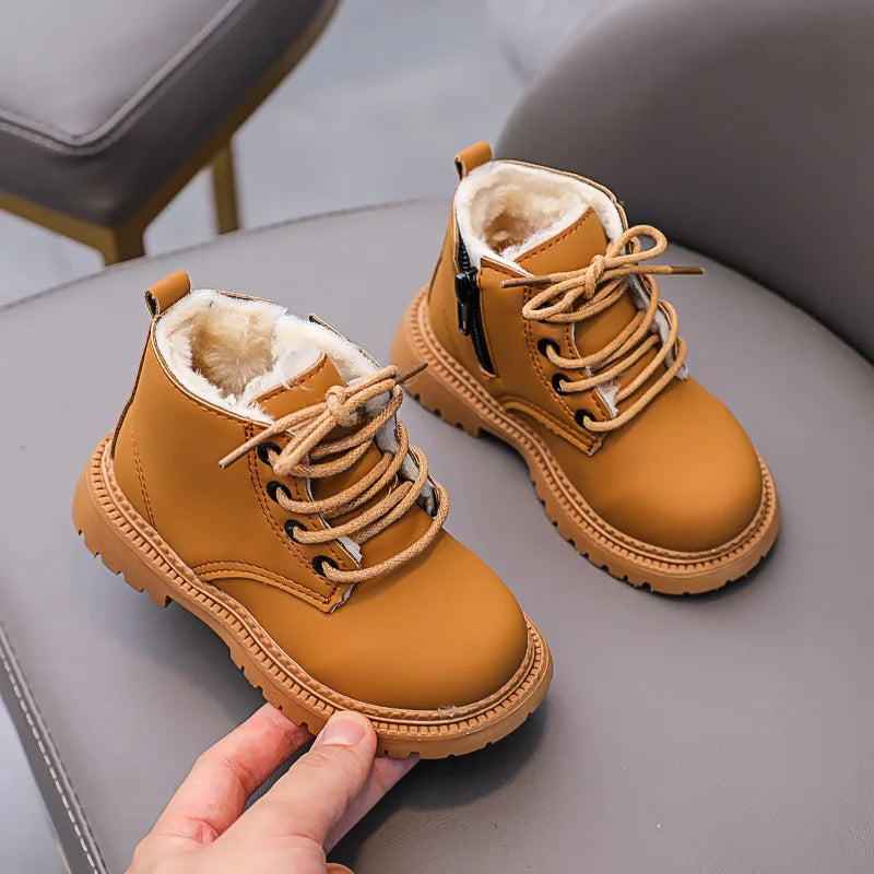 Winter Kids Snow Boots Boys Leather Shoes Fashion Solid Color Warm Baby Girl Shoes Cotton Infant Children Ankle Boots