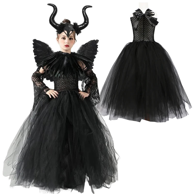 Halloween Costume Maleficent Tutu Dress For Girls Cosplay Evil Queen Black Mesh Princess Dress Kids Crow Wand Maleficent