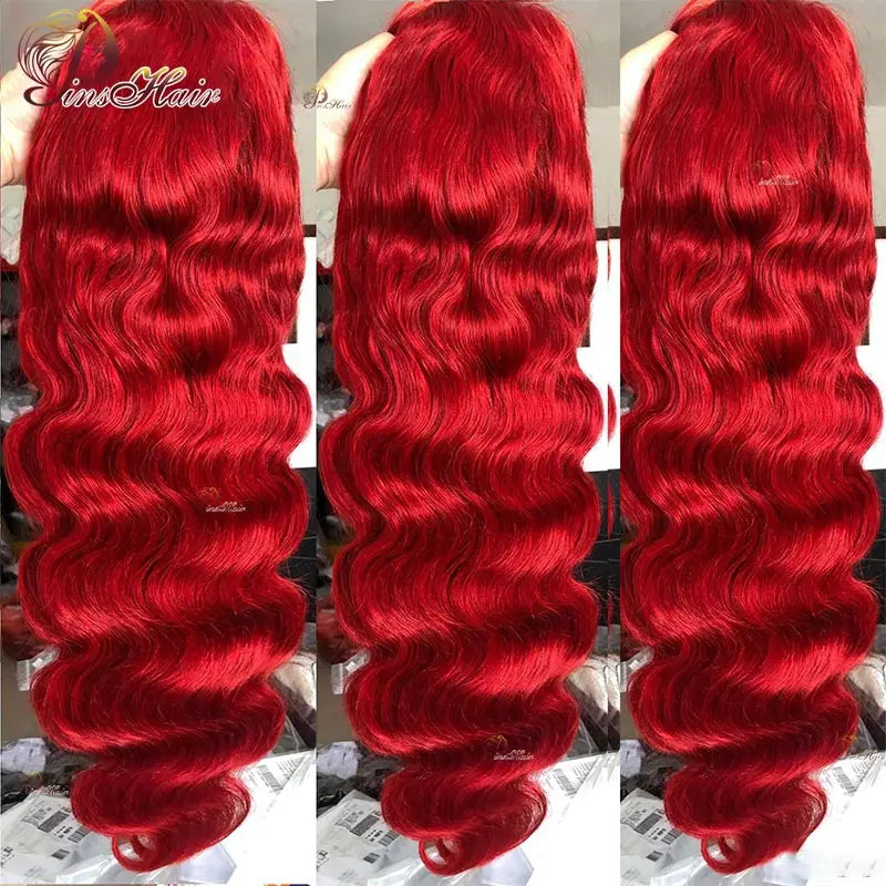 Red Body Wave Lace Front Human Hair Wigs 13x6 Transparent Lace Frontal Wig Burgundy Color Remy Human Hair Pre Plucked 34 inches