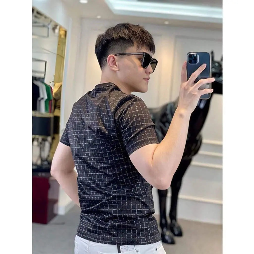 Summer Men Clothing Short Sleeve Plaid T-Shirts Streetwear Fashion Vintage Business Casual Round Neck Black Versatile Slim Tops