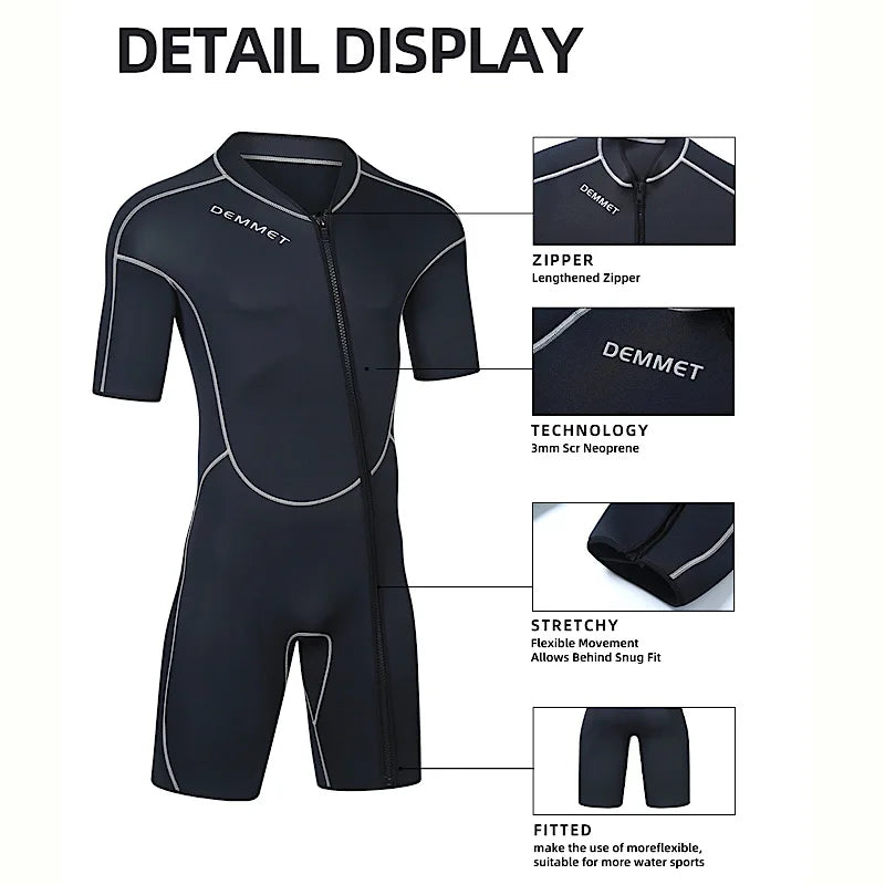 New DEMMET1.5/3M Neoprene Men's Short Sleeve Wetsuit Front Unzipper Snorkeling Surfing Swimsuit Keeps Warm