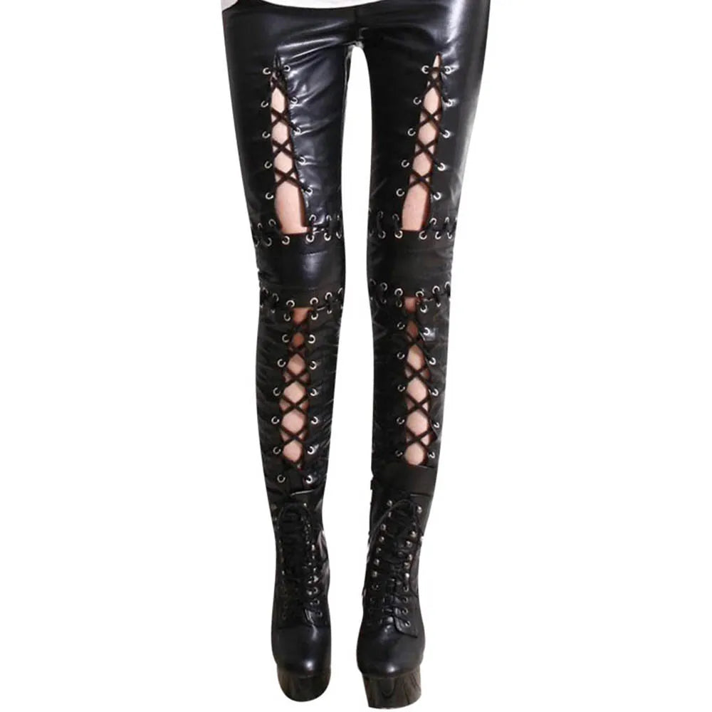 Women Leather Lace Up Leggings Gothic Long Pants Lace Up Front Trousers Legins Punk Rock Leggings Faux Leather Pants