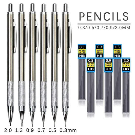 0.3 0.5 0.9 1.3 2.0 mm Metal Mechanical Pencil Set with HB Lead Refills Art Drawing Automatic Pencil Office School Supplies