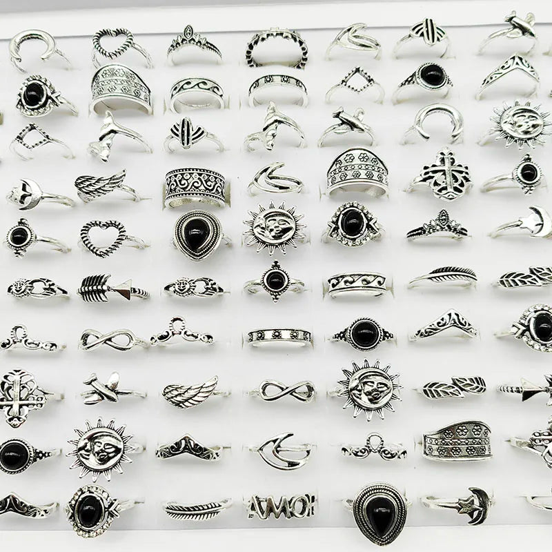 30pcs/Lot Wholesale Antique Silver Color Finger Rings For Women New Black Acrylic Stone Crown Water Drop Angel Wing Jewelry Girl