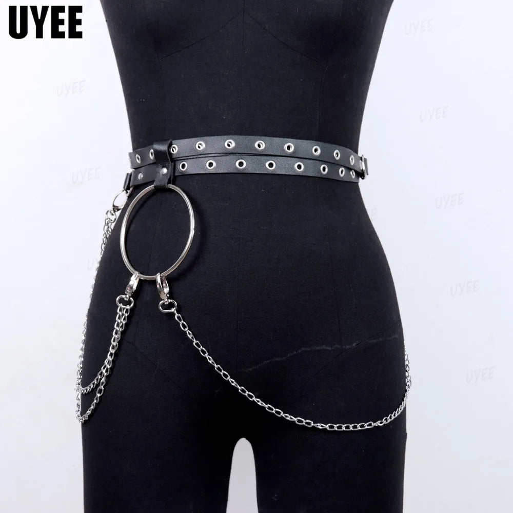 UYEE Goth Waist Chain Punk Belt for Women Multi-layer PU Leather Harness Corset Alloy Metal Rock Nightclub Sexy Jeans Dress Belt