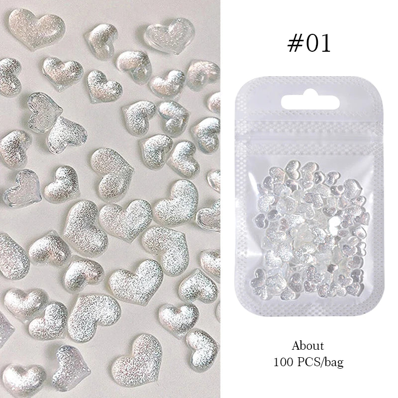 100Pcs Mixed Pink White Resin Hollow Pearl 3D Nail Charm Acrylic Love Heart Bowknot Pentagram Nail Accessories For Manicure Deco