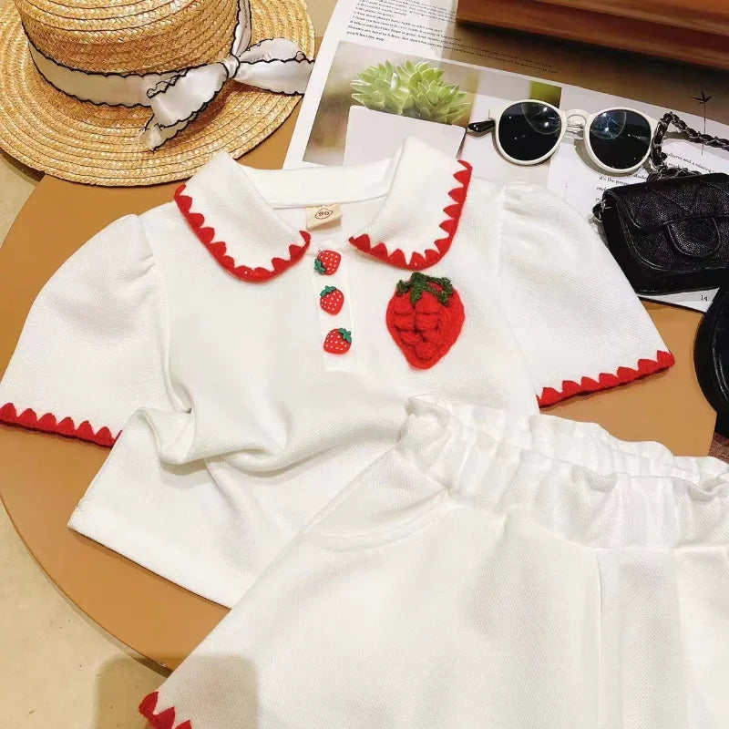 Fashion Baby Girls Clothes Sets Summer Children T Shirt Shorts 2 Pieces Suit Cute Strawberry Kids Casual Sportswear 2-8 Years