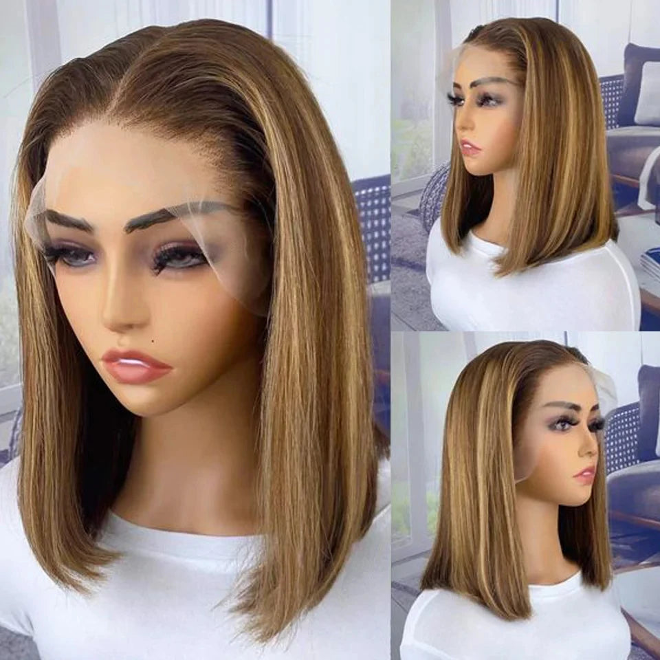 Short Cut Ginger Blonde Ombre Straight Bob T Lace Wigs Human Hair Pre Plucked Brazilian Straight Lace Front Human Hair Lace Wigs