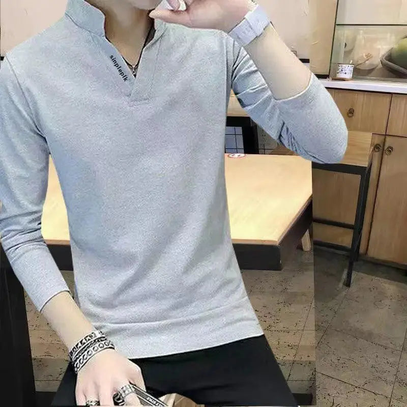 Stylish Printed Solid Color Stand Collar Letter T-Shirt Men's Clothing 2022 Autumn New Casual Pullovers Loose Korean Tee Shirt