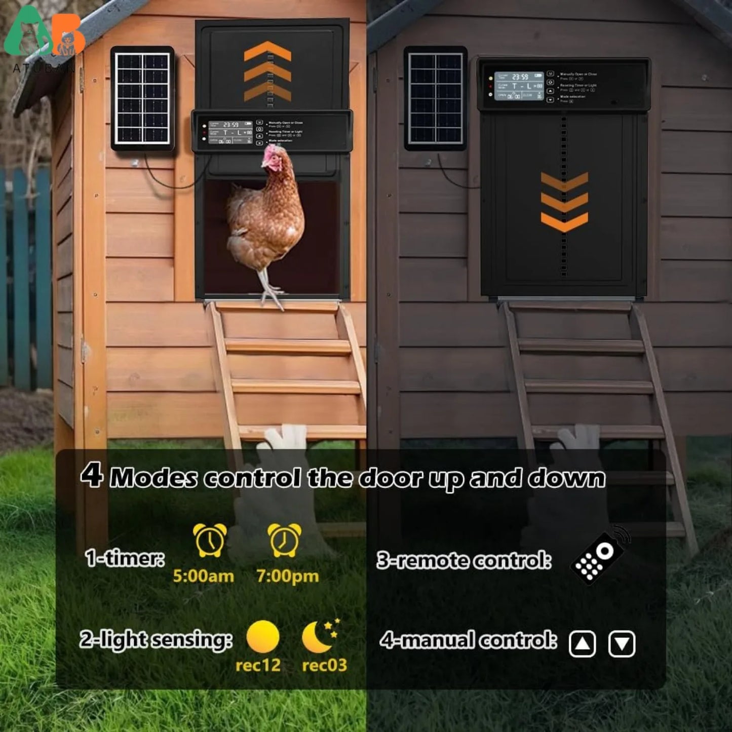 Automatic Chicken Coop Door Solar Powered,Atuban Chicken Door with Timer, Aluminum Alloy Chicken Door with Remote Control & IP45