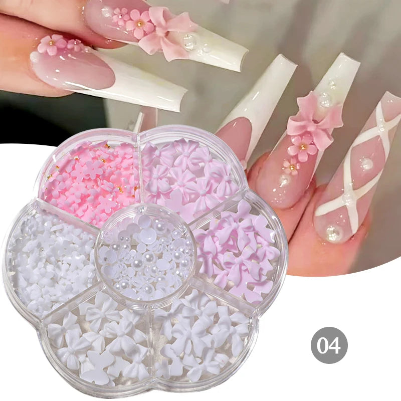 Mixed Acrylic Bowknot 3D Nail Art Decorations Flower Resin Charms Gold Beads Caviar Pearl Mixed Rhinestones Accessories Boxed