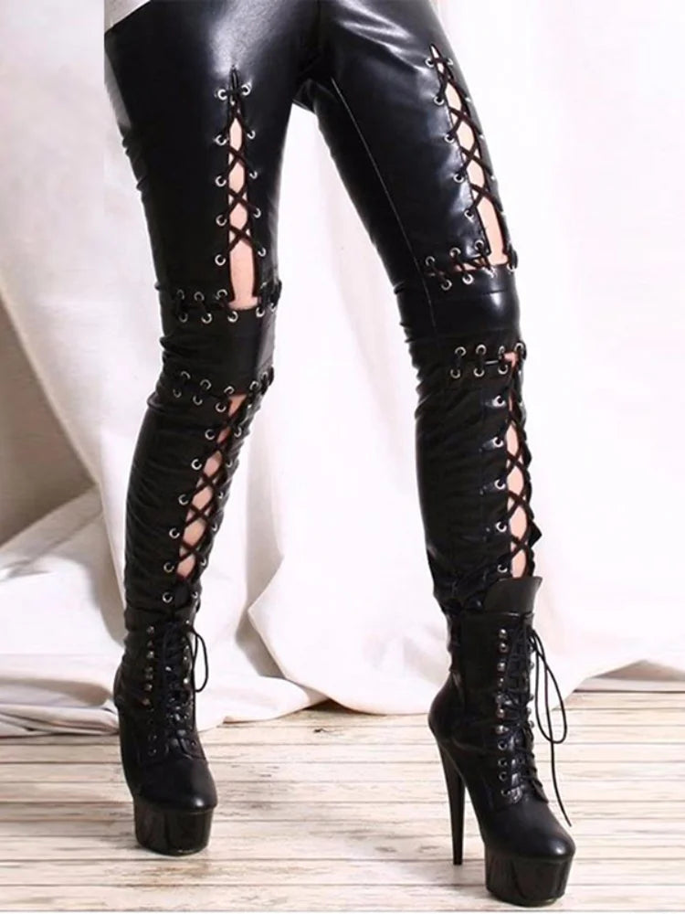 Women Leather Lace Up Leggings Gothic Long Pants Lace Up Front Trousers Legins Punk Rock Leggings Faux Leather Pants