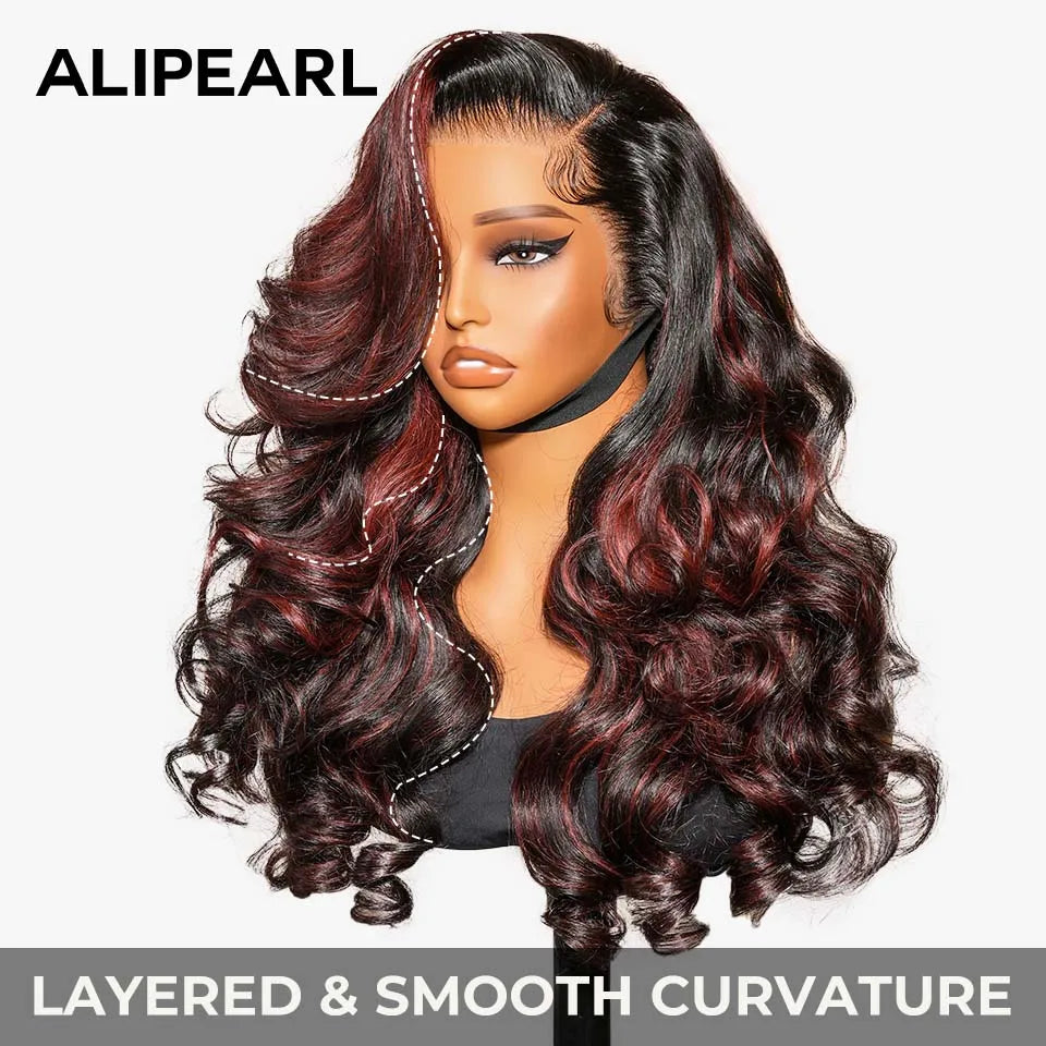 AliPearl Hair Burgundy Red Highlight Color Wig Customized Wave 5×7 Lace Closure & 13×4 Lace Frontal Wig Pre Cut Lace Pre Plucked