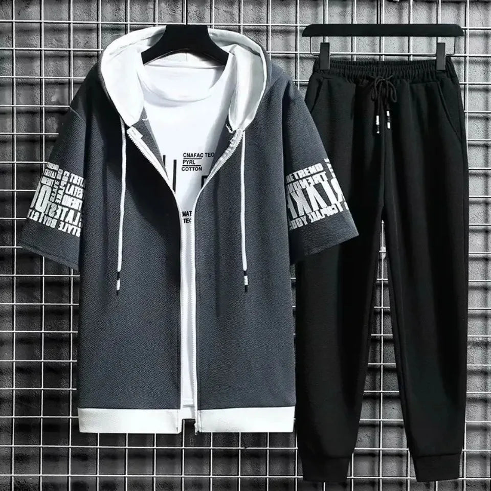 Set for Men Summer Men's Sports Suit 2-piece Print T-shirt Casual Hooded Quick Dry Running Long Pant Clothes Short Sleeve Shorts