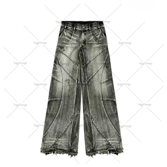 Y2k Streetwear Punk Hip Hop Jeans West Coast Workwear Ripped Rap Style Loose Wash Plus Size Clothing Men Mopping Pants