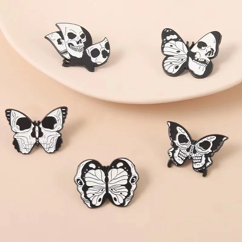 Custom Skeleton Butterfly Enamel Pins Black Skull  Gothic Punk Lapel Clothes Badges Brooches Backpack Jewelry Gifts For Friends