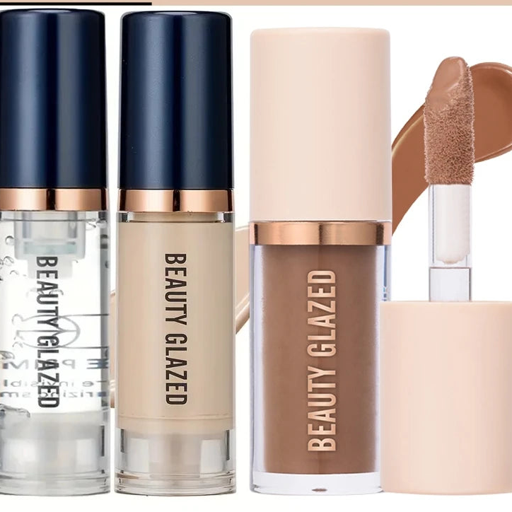 BEAUTY GLAZED 3pcs Face Makeup Set,Liquid Foundation+Primer+ Liquid Contour,Natural Weightless Long-wearing Smudgeproof Bronzer