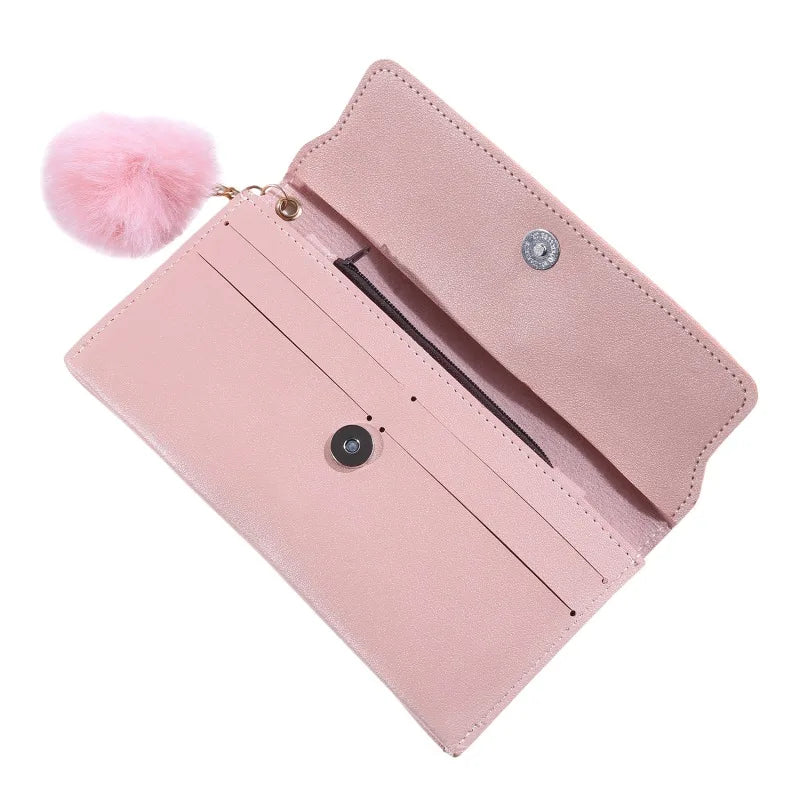 Fashionable New Women Long Wallets Pure Color Wool Ball Bow Clutch Bag Women's Long Bag Card Bag Coin Purse