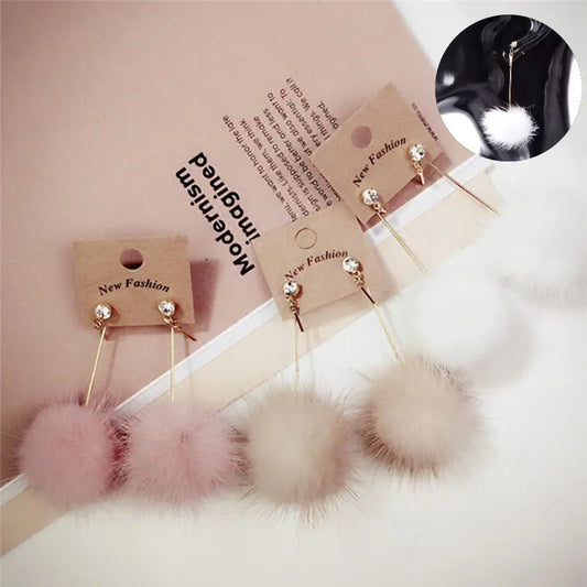 Long Drop Earrings Soft Pom Pom Ear Dangle Rabbit Fur Ball Pom For Women Crystal Earring Jewelry Cute Christmas Gift