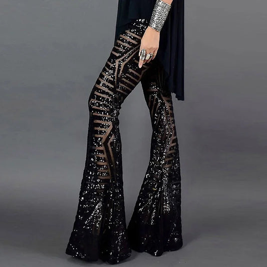 Sequin High Waist Skinny Flare Streetwear Wild Basic Slim 2023 Trend Patchwork Pants Casual Pants Summer New Women's Pants