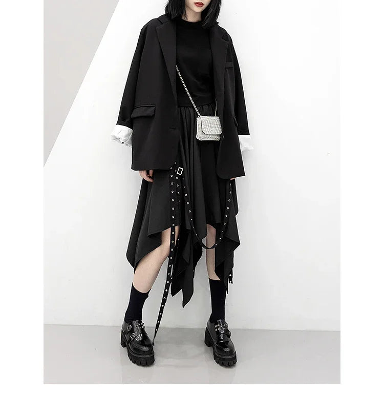 Gothic Irregular Skirts Women Harajuku Vintage Punk High Waist Cargo Midi Skirt Japanese Black Pleated Casual A Line Skirt