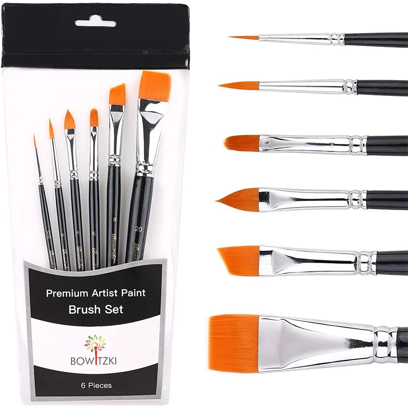 Bowitzki 6 Peiece Face Paint Brush Set Professional Quality Brush For Face Painting Watercolor Acrylic Oil Painting Nail Art