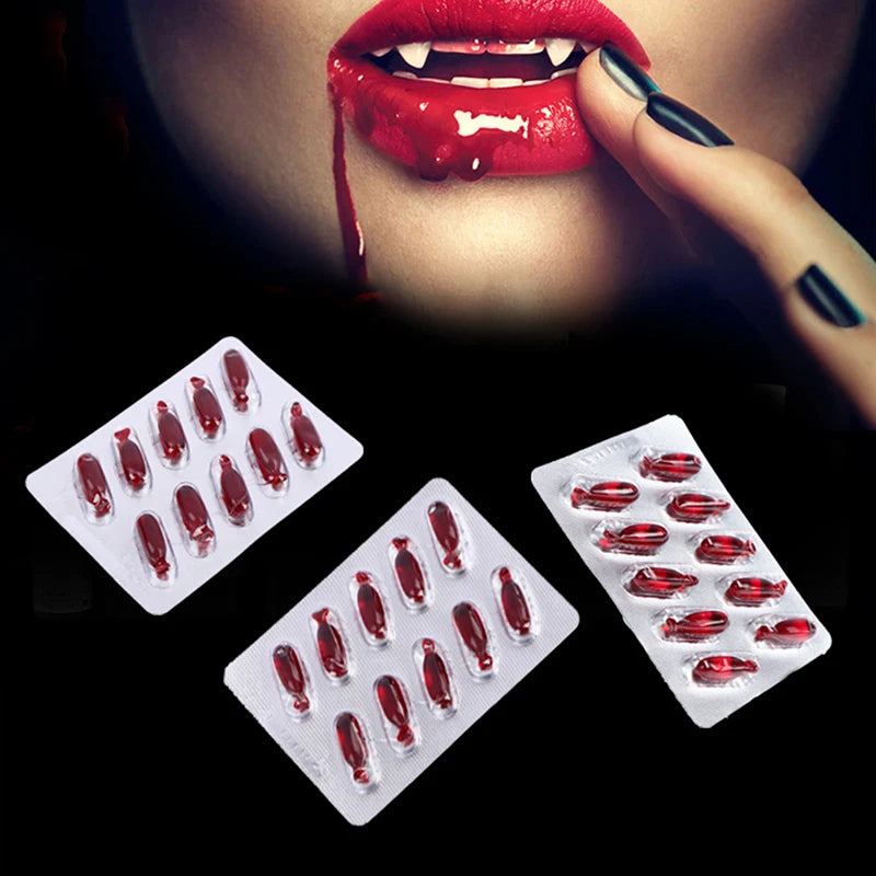 10Pcs Halloween Realistic Fake Blood Pills for Adults Vampire Capsules Horror Scary Funny Trick Toys April Fools Day Party Props