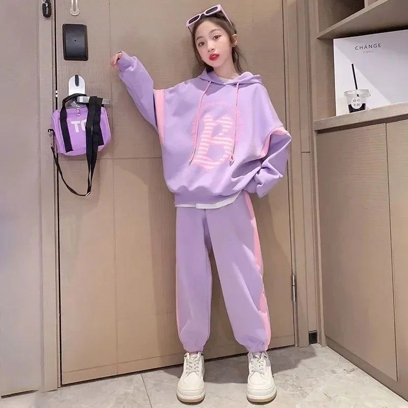 Autumn Teenage Girl Clothes Set Children's Girls Hoodies Pullover Top and Side Stripe Pant 2 Pieces Suit Kids Letter B Tracksuit