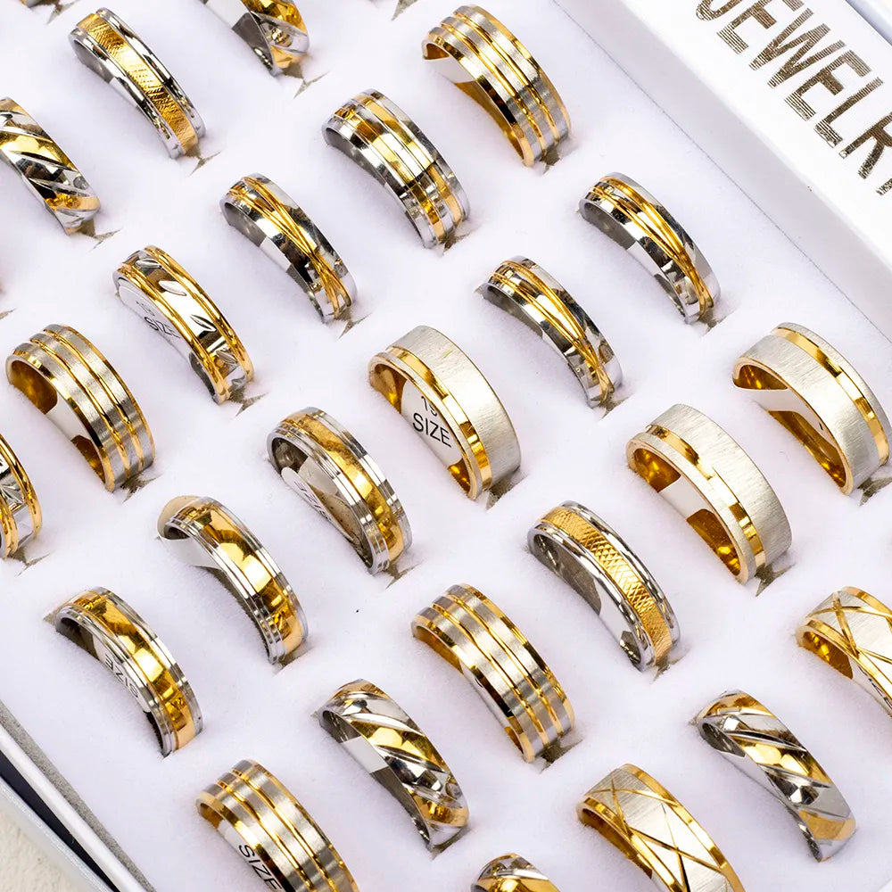 Wholesale 24pcs/lot Fashion High Quality Stripe Stainless Steel Gold Silver Plated Rings Jewelry For Women Men Mix Style Party