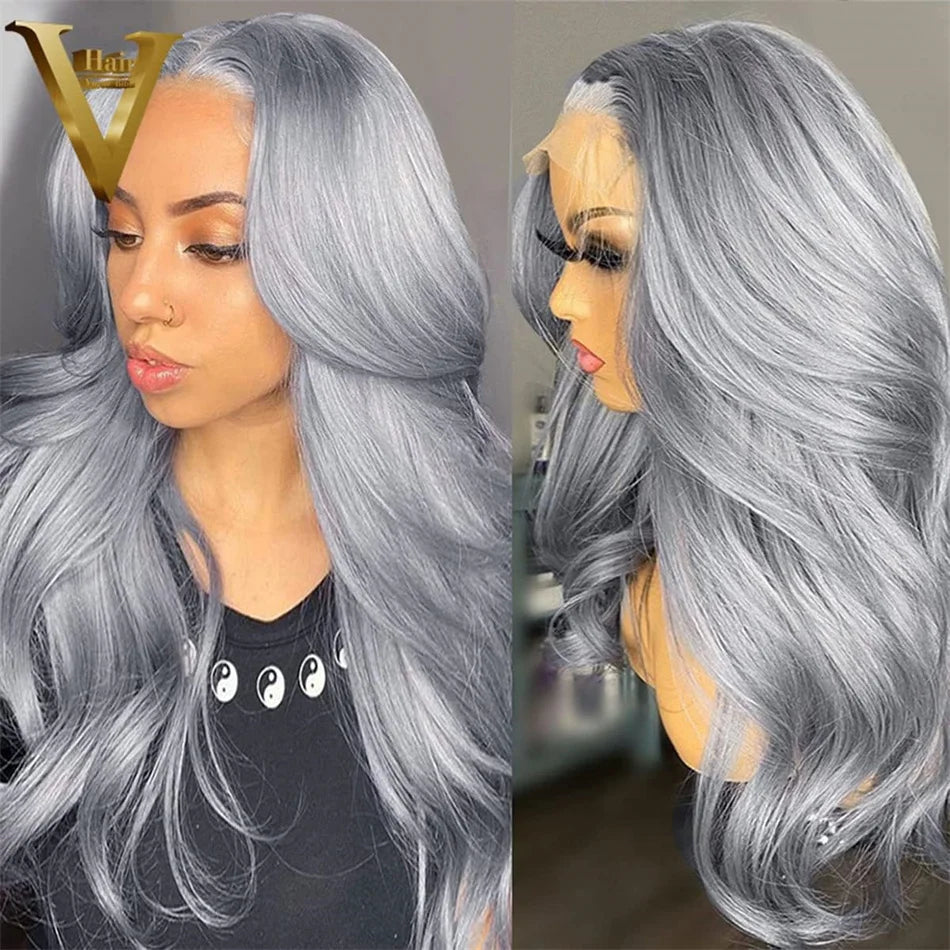 Grey Lace Front Wigs Human Hair Pre Plucked Silver Body Wave Human Hair Wig13x4 HD Transparent Lace Frontal Wig Glueless Silver