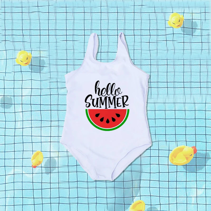 Girls Swimwear Hello Summer Watermelon Print Girls Swimsuit One Piece Toddlers Outfit Bathing Suit Cute Baby Bikini Beachwear