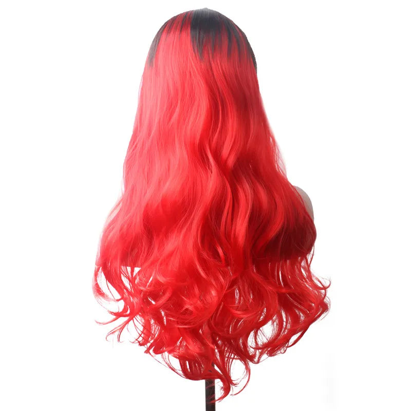 Synthetic Hair Blue Rainbow Wig With Bangs Wavy Party Cosplay Female Wigs For Women Long Anime Wig Colored Red Pink Brown Yellow