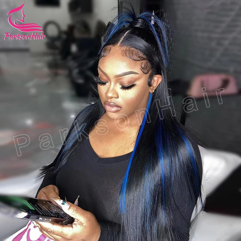 13*4 13*6 Straight Highlight  Black With Blue Lace Frontal Wigs Human Hair Wig For Black Women Brazilian  Hair Full Lace Wigs