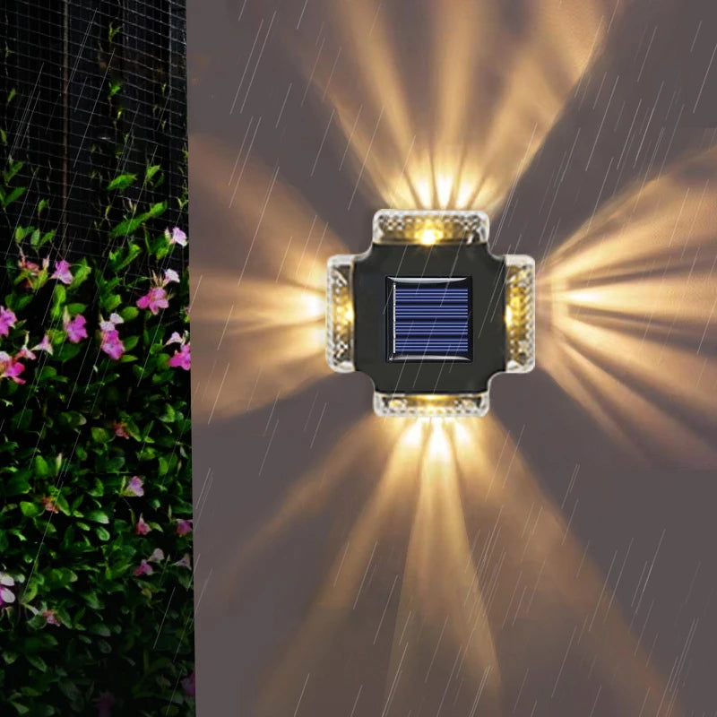 LED Solar Wall Lamp Four Sides Spotlight Outdoor Waterproof Up and Down Luminous Sunlight Light Garden Yard Fence Decor Lamps