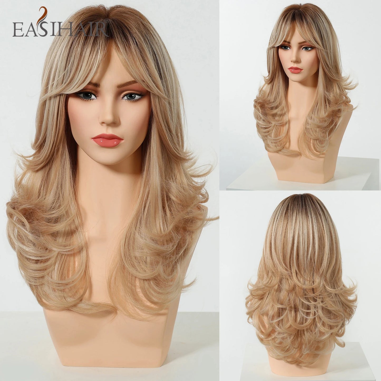 EASIHAIR Long Wavy Brown Synthetic Wigs for Women Dark Brown Wigs With Side Bangs Natural Hair for Daily Use Heat Resistant Wig