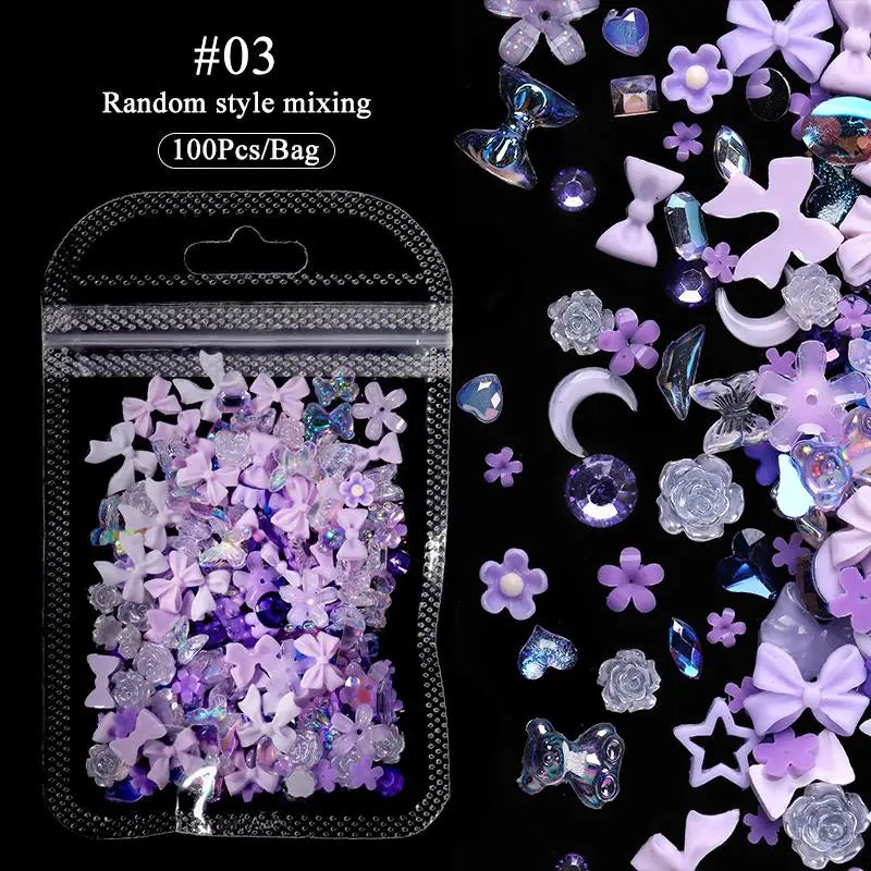 100pcs 3D Resin Pink Purple Nail Charm Flowers Heart Bear Mixed Nail Art Decoration Kawaii Pink Ribbon Bowknot DIY Nail Parts