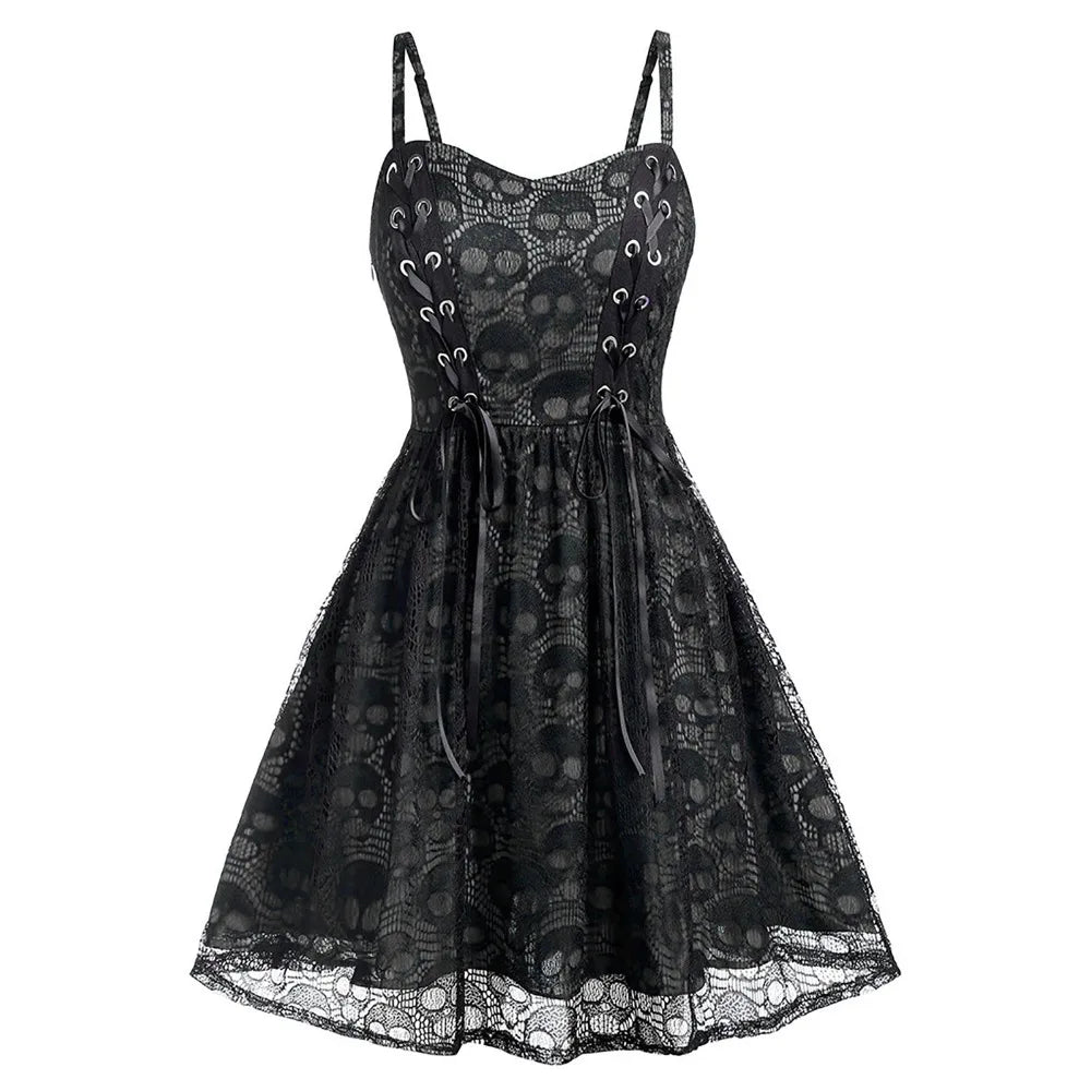 Gothic Lace Sling Dresses Punk Skulls Sexy Party Mini Dress For Women Sleeveless Dress New Fashion Streetwear Vestido De Festa