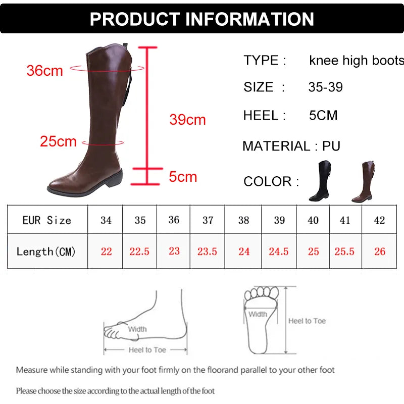 Autumn Winter Cowboy Western Boots Women Fashion Pointed Toe Thick Heels Knee High Boots Woman Back Zipper Pu Leather Long Botas