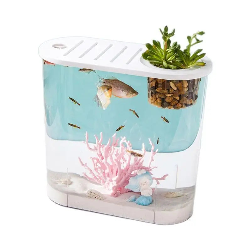 Creative Desktop Goldfish Tank With Green Plants Transparent Small Fishbowl With Cover Oval Aquarium Turtle Hydroponic Fish Tank