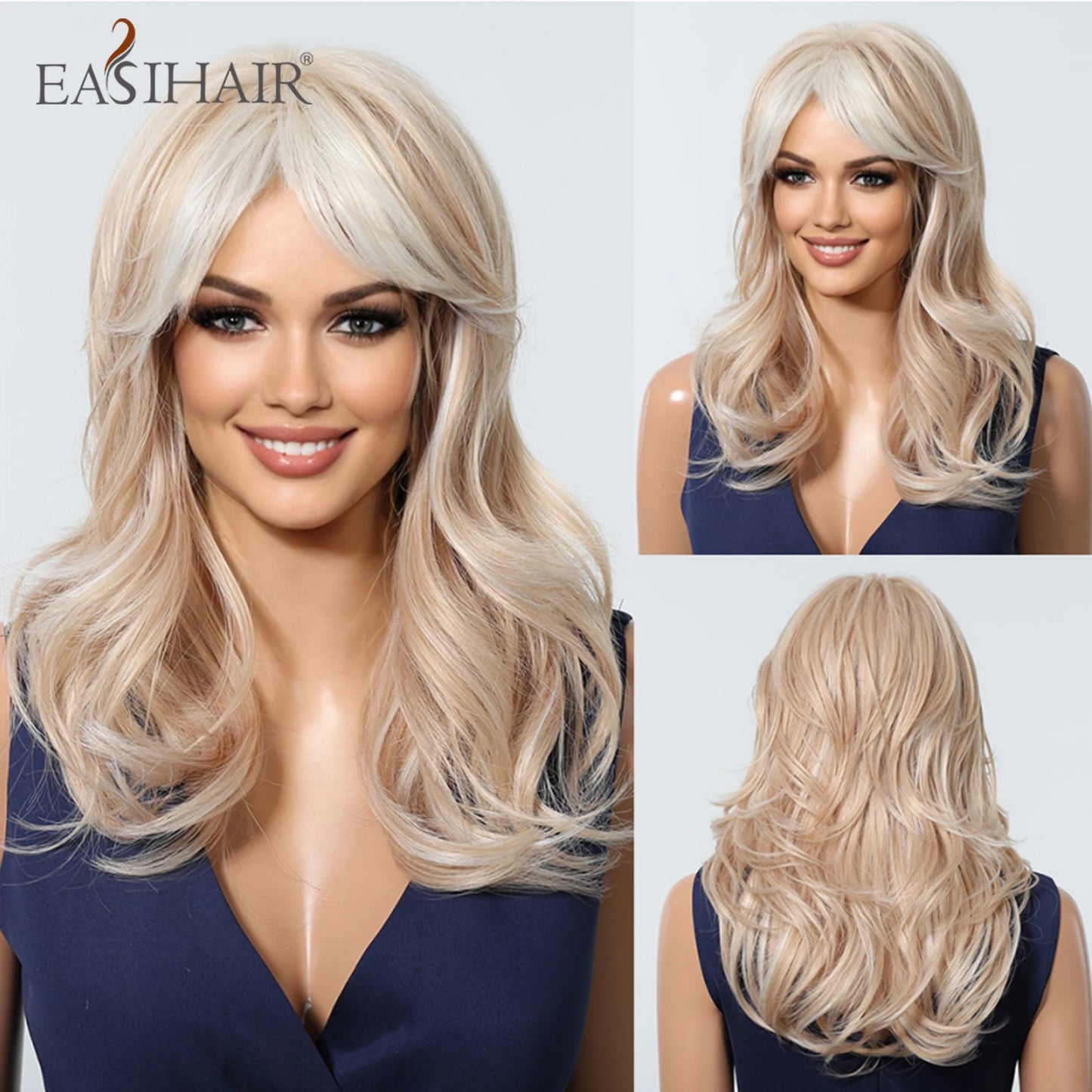 EASIHAIR Long Wavy Brown Synthetic Wigs for Women Dark Brown Wigs With Side Bangs Natural Hair for Daily Use Heat Resistant Wig