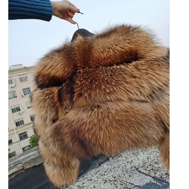 Maomaokong Real Fur Coat Women 100% Natural Raccoon Fur Jacket Female Winter Warm Fox Fur Coat High Quality Long Sleeve With Hat