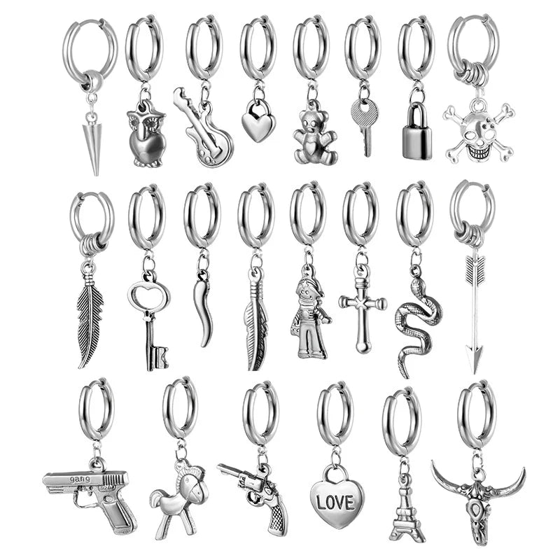 Vintage Gothic Punk Stainless Steel Cross Lock Key Hoop Earrings for Women Men Dangle Earring Piercing Jewelry Party Wholesale