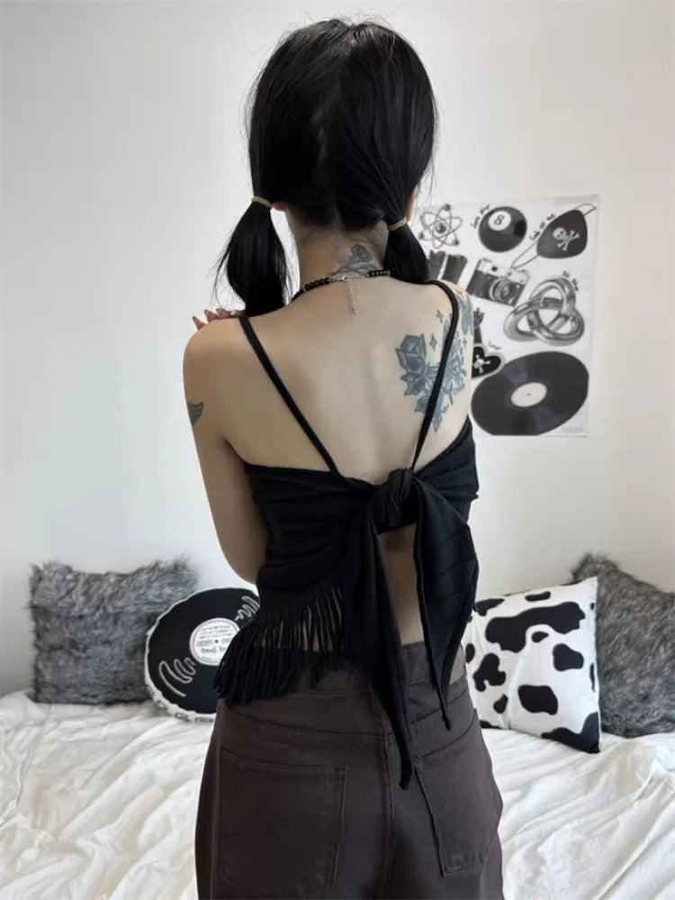 Korean Sexy Backless Lace Up Camisole Tops Y2k E-Girl Slim Fit Tassel Tank Top 2025 Summer New Straight Black Vest for Women