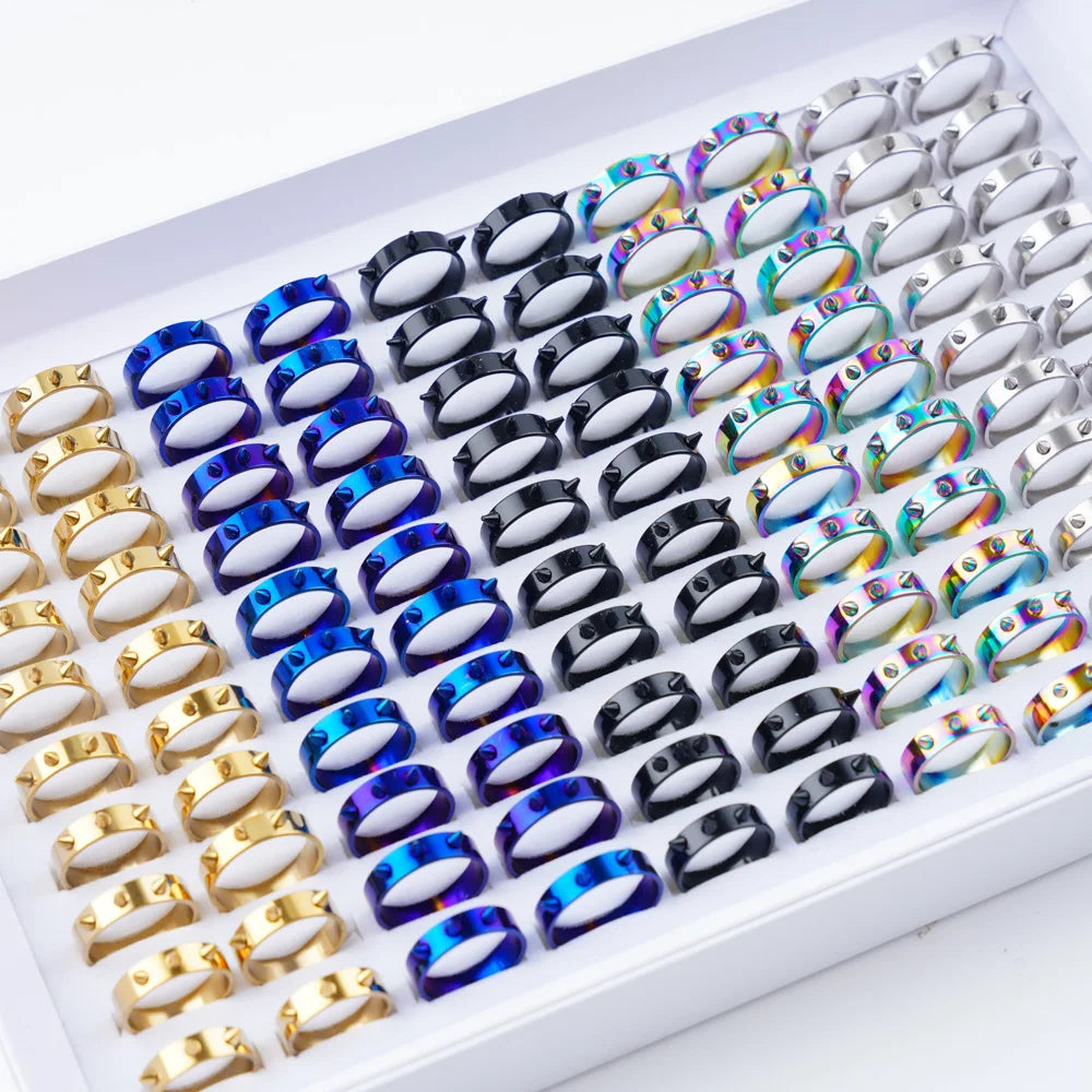 10/20Pcs/Lot Fashion Classic Stripe Stainless Steel Ring For Women Men Zircon Crystal Spinner Punk Spikes Jewelry Gift Mix Style